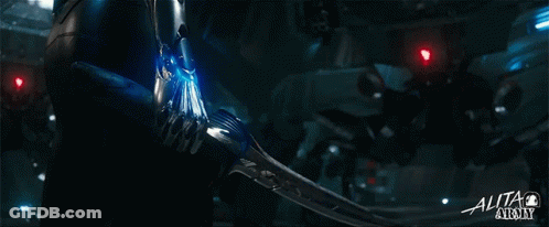 A Poster For A Movie Called Alita Infinity Shows A Person Holding A Blue Sword GIF