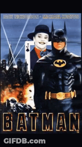 A Poster For A Movie Called Batman With Jack Nicholson And Michael Keaton GIF