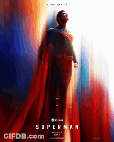 A Poster For A Movie Called Superman Shows A Man In A Cape GIF
