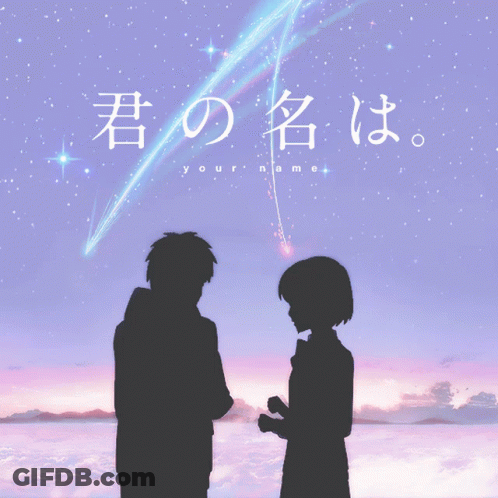 A Poster For A Movie Called Your Name Shows A Boy And A Girl Standing In Front Of A Starry Sky GIF