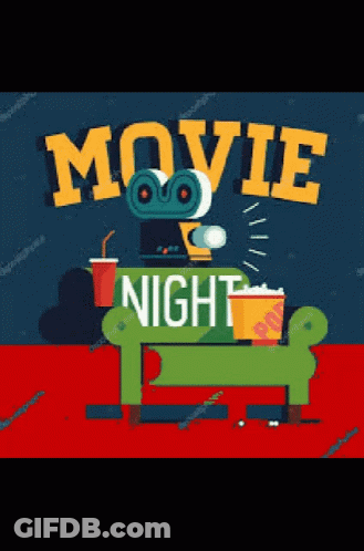 A Poster For A Movie Night With A Couch And A Camera GIF