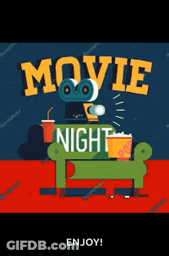A Poster For A Movie Night With A Couch And A Projector GIF