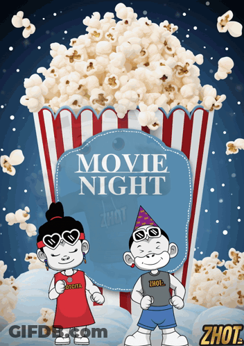 A Poster For A Movie Night With Two Cartoon Characters And A Bucket Of Popcorn GIF