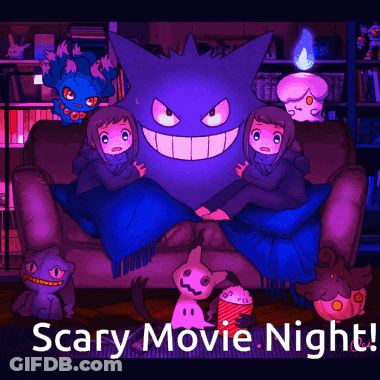 A Poster For A Scary Movie Night With A Purple Monster On The Couch GIF