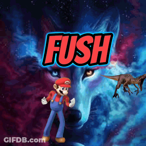A Poster For A Video Game Called Fush Shows Mario And A Dinosaur GIF