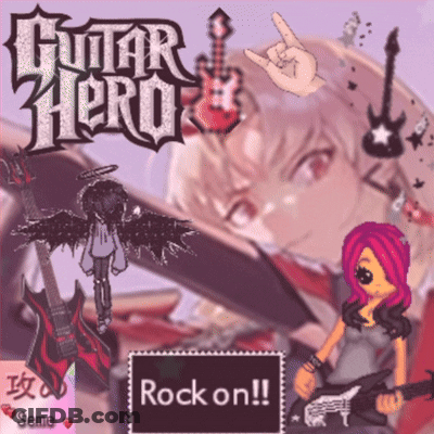 A Poster For A Video Game Called Guitar Hero With A Girl Playing A Guitar GIF