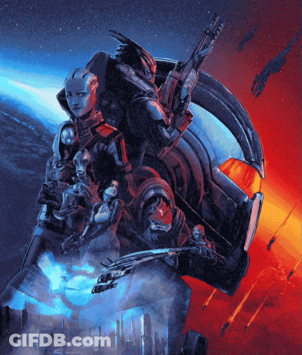 A Poster For A Video Game Called Mass Effect Shows A Group Of Characters GIF
