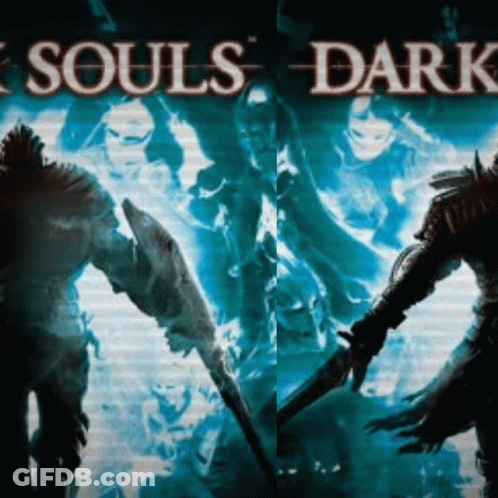 A Poster For A Video Game Called Souls Dark Shows Two Warriors Holding Swords GIF