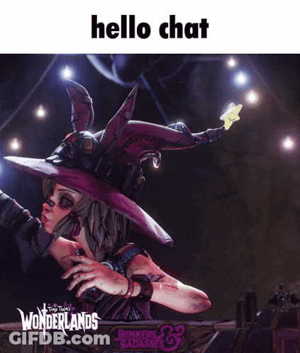 A Poster For A Video Game Called Wonderlands With A Woman In A Witch Hat GIF