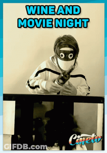 A Poster For A Wine And Movie Night Shows A Man In A Mask GIF