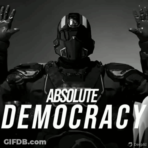 A Poster For Absolute Democracy Shows A Man In A Helmet GIF