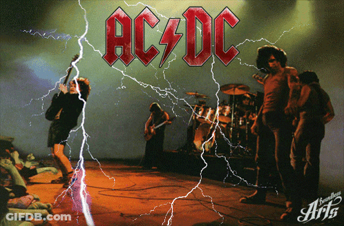 A Poster For Ac/dc With Lightning Strikes And A Band On Stage GIF