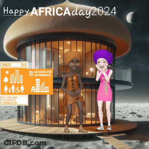 A Poster For Africa Day 2024 Shows Two Women Standing In Front Of A Building GIF