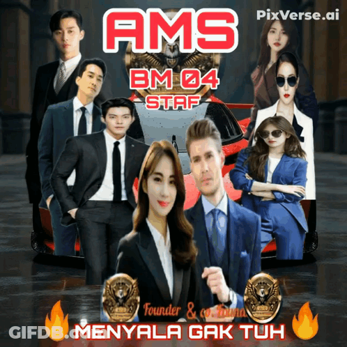 A Poster For Ams Bm 04 Staff Shows A Group Of People In Suits And Ties GIF