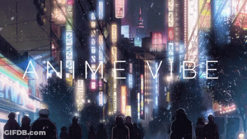 A Poster For Anime Vibe Shows People Walking Down A Street GIF