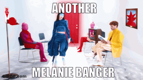 A Poster For Another Melanie Banger Shows A Woman In A Blue Outfit Standing In Front Of A Red Door GIF