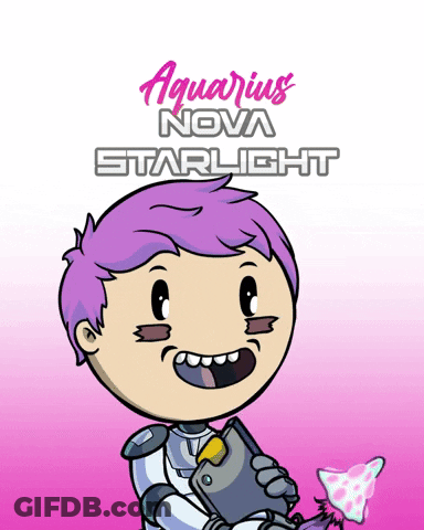 A Poster For Aquarius Nova Starlight Shows A Cartoon Character With Purple Hair GIF