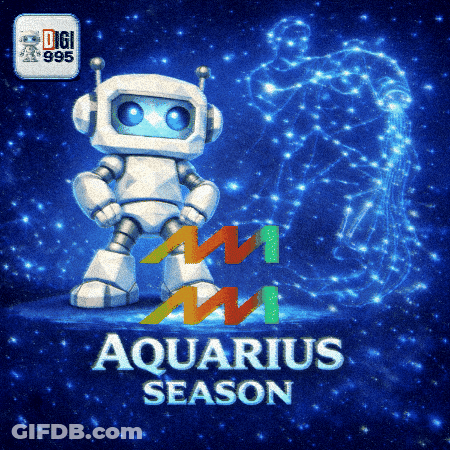 A Poster For Aquarius Season With A Robot GIF