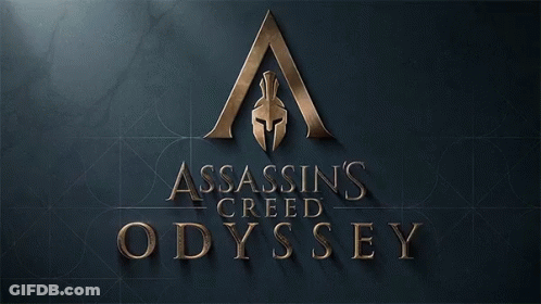 A Poster For Assassin 'S Creed Odyssey With A Helmet On It GIF