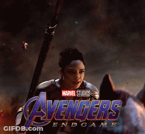 A Poster For Avengers Endgame Shows A Woman Holding A Sword GIF