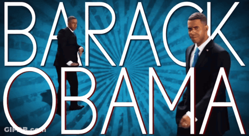 A Poster For Barack Obama With A Man In A Suit And Tie GIF