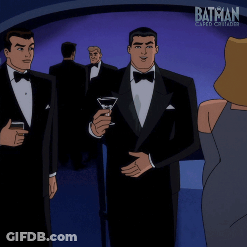 A Poster For Batman Caped Crusader Shows A Man Holding A Martini GIF