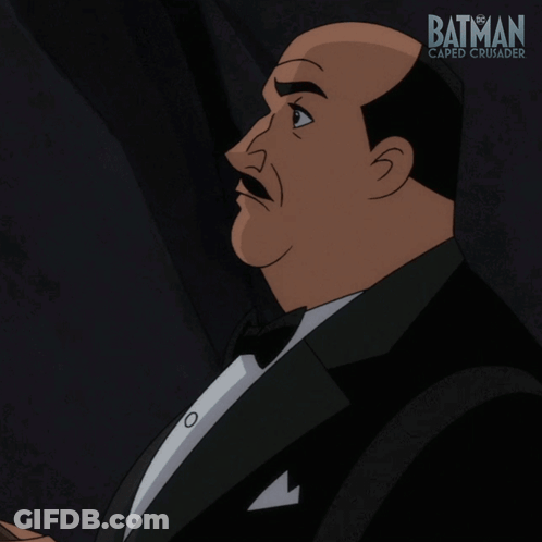 A Poster For Batman Caped Crusader Shows A Man In A Tuxedo And Bow Tie Saying Good Lord GIF