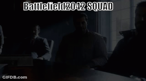 A Poster For Battlefield 2042 Squad With Three Men Sitting At A Table GIF