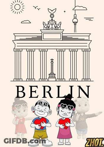 Berlin Poster Boy And Girl Holding Hearts GIF
