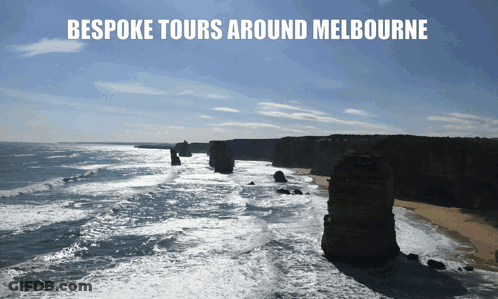 A Poster For Bespoke Tours Around Melbourne Shows A Beach GIF