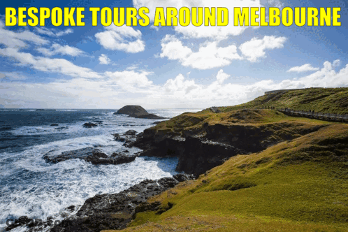 A Poster For Bespoke Tours Around Melbourne Shows A Cliff Overlooking A Body Of Water GIF