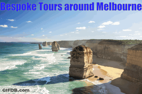 A Poster For Bespoke Tours Around Melbourne With A Picture Of A Beach GIF