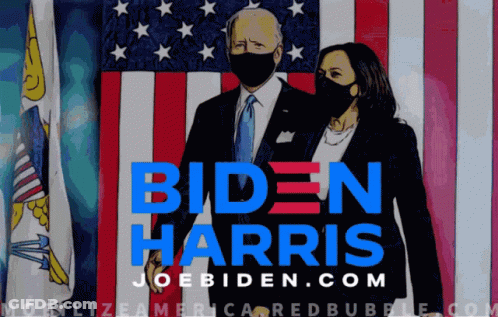 A Poster For Biden Harris Shows A Man And A Woman Standing In Front Of An American Flag GIF
