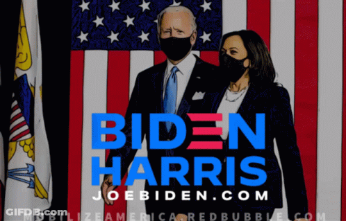 A Poster For Biden Harris Shows A Man And A Woman Standing In Front Of An American Flag GIF