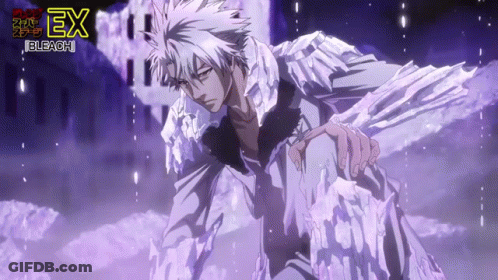 A Poster For Bleach Ex Shows A Man With White Hair And A Purple Background GIF