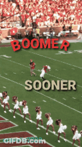 A Poster For Boomer Sooner With Cheerleaders On A Football Field GIF