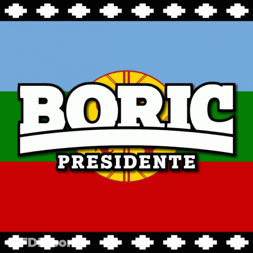 A Poster For Boric Presidente With A Flag Behind It GIF