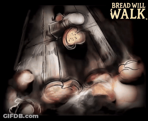 A Poster For Bread Will Walk Shows A Bunch Of Bread On A Table GIF