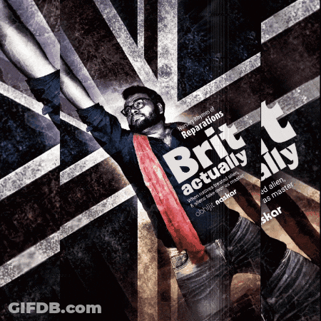 A Poster For Brit Actually Ally Shows A Man With His Arms In The Air GIF