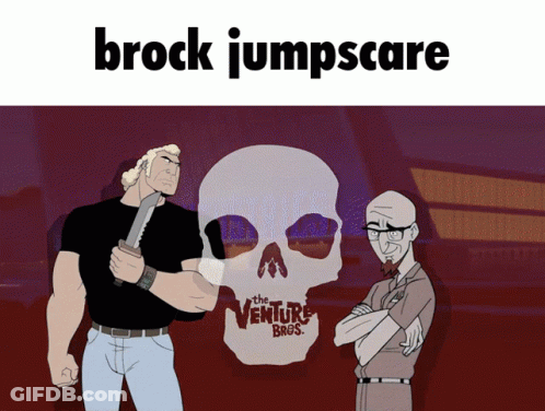 A Poster For Brock Jumpscare Shows Two Men Standing In Front Of A Large Skull GIF