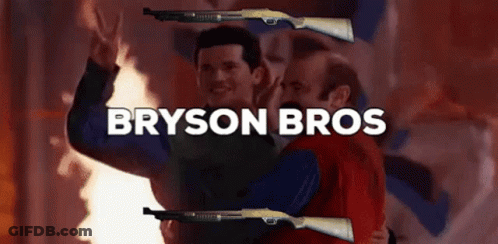 A Poster For Bryson Bros With Two Men Holding Guns GIF