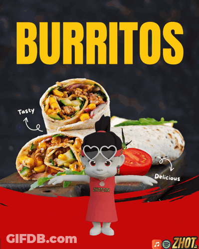 A Poster For Burritos With A Girl Wearing Heart Shaped Sunglasses GIF