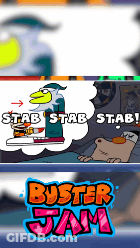 A Poster For Buster Jam With A Cartoon Of A Dog Sleeping GIF