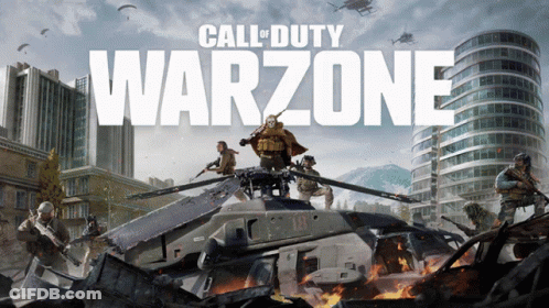 A Poster For Call Of Duty Warzone Shows Soldiers On A Destroyed Tank GIF