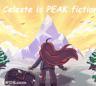 A Poster For Celeste Is Peak Fiction Shows A Girl With Long Red Hair Standing In Front Of A Mountain GIF