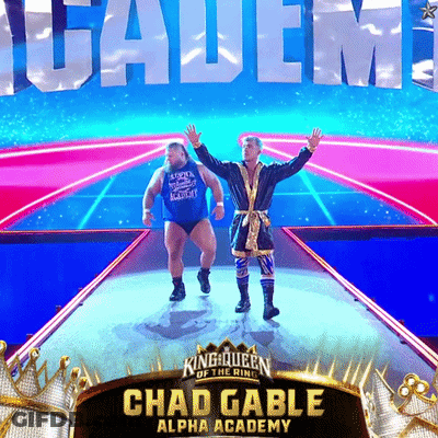 A Poster For Chad Gable Alpha Academy With Two Men On Stage GIF