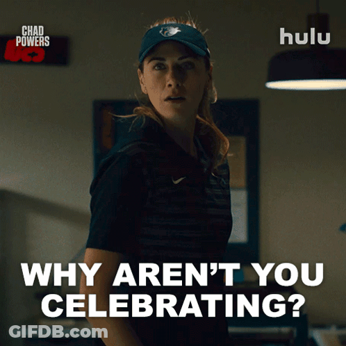 A Poster For Chad Powers Shows A Woman Wearing A Blue Hat And A Black Shirt GIF