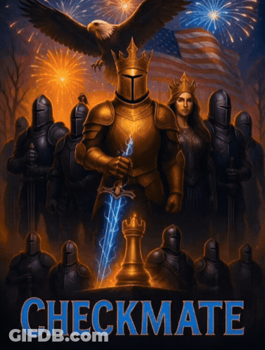 A Poster For Checkmate Shows A Knight With A Sword GIF