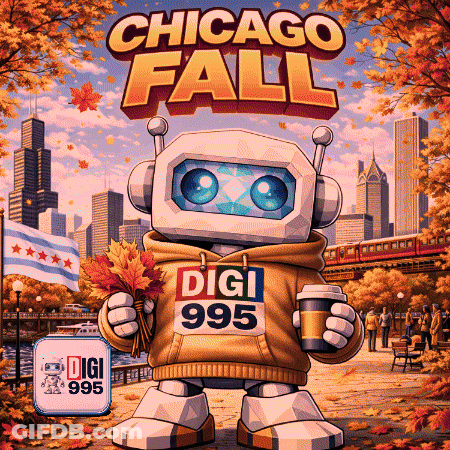 A Poster For Chicago Fall Shows A Robot Holding A Cup Of Coffee And A Bouquet Of Leaves GIF