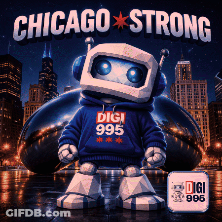 A Poster For Chicago Strong With A Robot Wearing A Sweatshirt That Says Digi 995 GIF